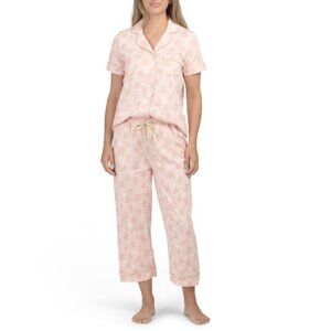POPPY & CLAY Pink Cotton Peaches Notch Collar Top And Capri Pants Pajama Set